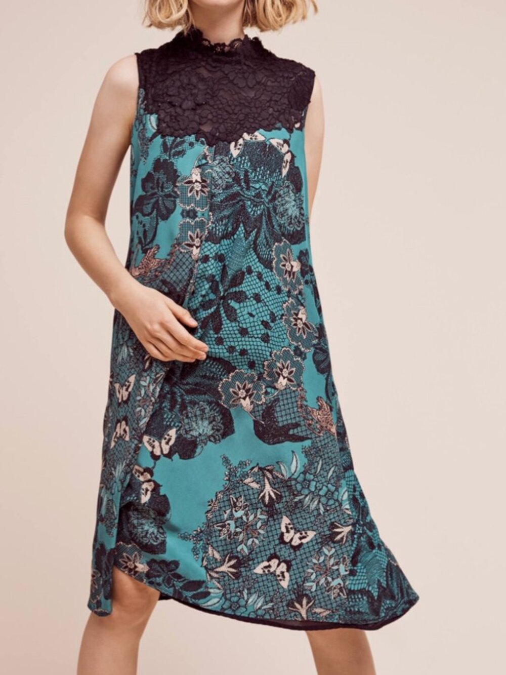 Maeve | Anthropologie Butterfly Lace Swing Mini Dress Green w Black Lace Size MP
